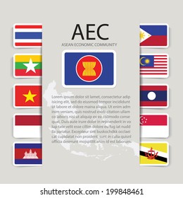 AEC text background with flags of nations which are member of ASEAN Economic community