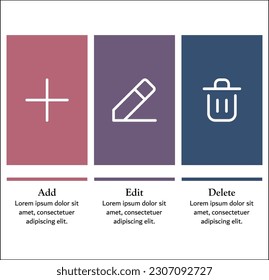 AED - Add, Edit Delete Acronym. Infographic template with icons
