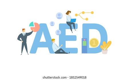 AED, Arab Emirates Dirham. Concept with keywords, people and icons. Flat vector illustration. Isolated on white background.