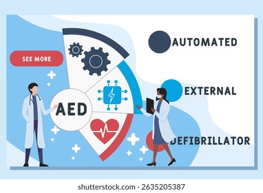 AED - acrônimo desfibrilador externo automatizado. plano de fundo do conceito médico. conceito de ilustração vetorial com palavras-chave e ícones. ilustração de letras com ícones para banner web, flyer, landing