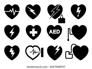 AED Automated External Defibrillator Black Icon Set Symbol Sign, Vector Illustration, Isolate On White Background Label .EPS10