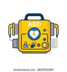 AED Automated External Defibrillator icon for emergency first aid medical safety training. This vector illustration shows a yellow portable life saving device with heart icon and power buttons designs
