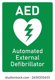 AED Automated External Defibrillator Zeichen und Symbol auf grünem Hintergrund und weiß