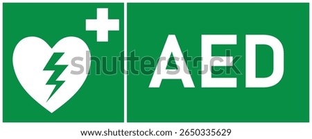 AED Automated External Defibrillator sign and symbol in green background and white landscape format