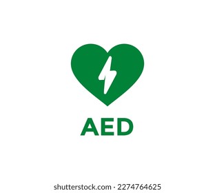 AED, automated external defibrillator symbol icon. AED sign with heart and electricity symbol vector design and illustration.

