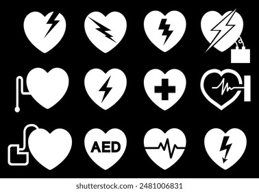 Desfibrilador externo automatizado AED Conjunto de iconos blancos Símbolo, Ilustración vectorial, Aislado sobre fondo blanco .EPS10