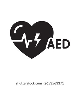 Ícone de desfibrilador AED com um coração e uma linha de batimento cardíaco para uma emergência médica representando um dispositivo salva-vidas para parada cardíaca e ícone de glifo sólido do vetor CPR