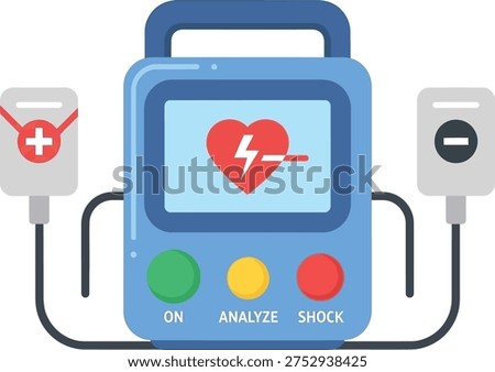 AED device ready for use, showing heart with lightning bolt for emergency resuscitation.