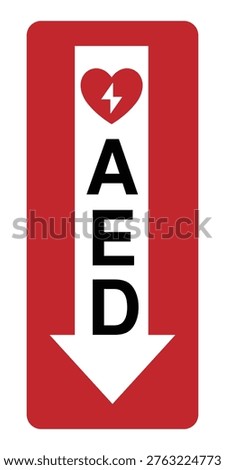 AED direction sign with arrow and heart lightning symbol. Indicates direction to automated external defibrillator location. Ideal for hospitals, offices, public buildings, and emergency guidance signage.