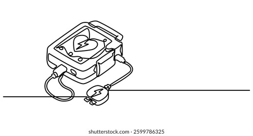 AED emergency continuous one line drawing, Medical And Healthcare Icon, Doodle First Aid, AED,automated external defibrillator aed sign with heart and electricity symbol flat vector icon. outline.