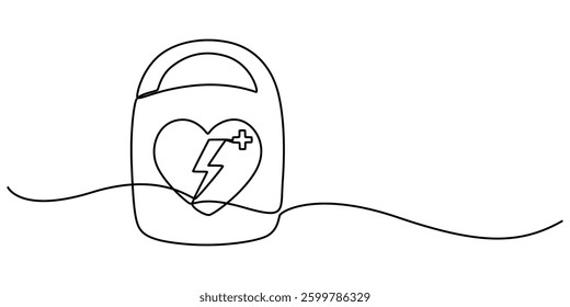 AED emergency continuous one line drawing, Medical And Healthcare Icon, Doodle First Aid, AED,automated external defibrillator aed sign with heart and electricity symbol flat vector icon. outline.
