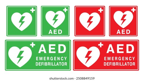  AED emergency defibrillator icon sign symbol. First aid Automated external defibrillator. Vector illustarion. Isolated on white background.