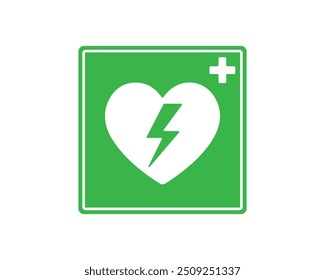  Símbolo de signo de desfibrilador de emergencia AED. Primeros auxilios Desfibrilador externo automático. Ilustración de Vector. Aislado sobre fondo blanco.