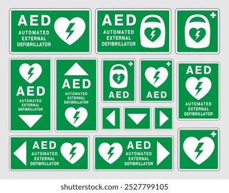 Symbol für AED-Notdefibrillator. Erste Hilfe Automatisierter externer Defibrillator. Vektorgrafik. Einzeln auf weißem Hintergrund.