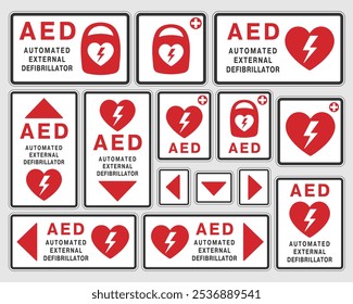 Símbolo de sinal de ícone de desfibrilador de emergência AED. Desfibrilador externo automatizado de primeiros socorros. Ilustração vetorial. Isolado no fundo branco.