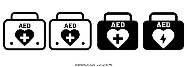 Ícone AED. Símbolo de sinal de ícone de desfibrilador de emergência AED. Desfibrilador externo automatizado de primeiros socorros.