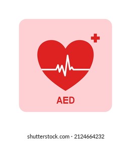 AED icon with heart on white background.