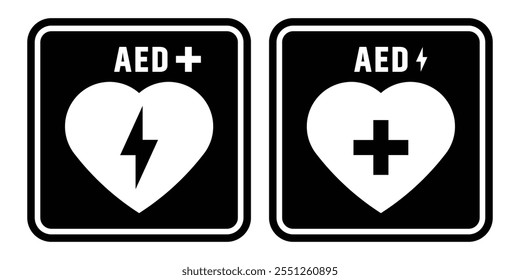 AED icon. Paramedic icon vector. Hearts electricity sign, Emergency defibrillator sign or icon on isolated background.