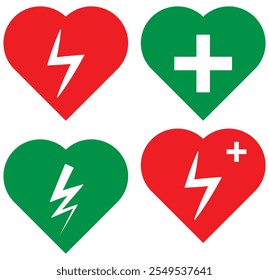 Conjunto de iconos AED. Corazones señal de electricidad, señal de desfibrilador de emergencia o icono en fondo aislado eps 10.