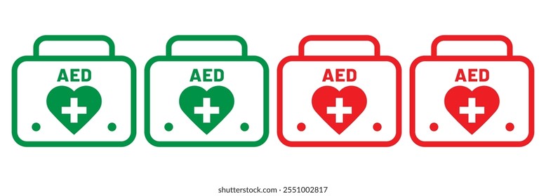 AED icon. aed icon. AED icon set. Hearts electricity sign, Emergency defibrillator sign or icon on isolated background.