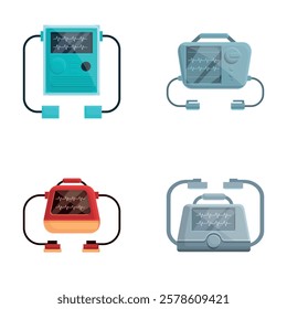 Aed icons set cartoon vector. Automated external defibrillator. Cardiology, medical equipment