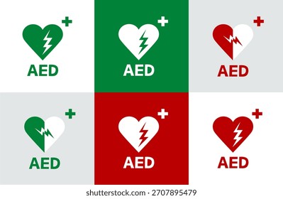 AED, das eine Sammlung von Defibrillator-Gerätesätzen anzeigt. AED, automatisiertes externes Defibrillator-Flachsymbol. Notdefibrillatorzeichen oder -symbol. Herzsymbol. Medizinisches Logo.