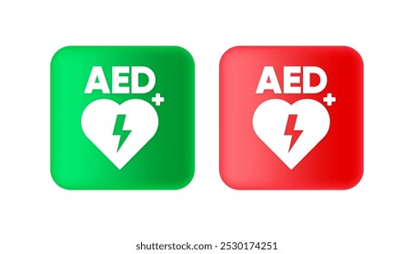 Etiquetas AED. Desfibrilador Externo Automatizado. Primeiros socorros. AED AID CPR. Ilustração vetorial.