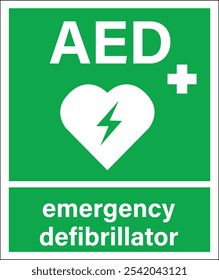 AED labels. Automated External Defibrillator sign. First aid symbol. AED AID CPR.