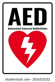 AED sign. White background warning label. Automated External Defibrillator. Symbols safety for hospitals and medical businesses.