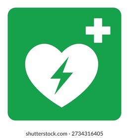 AED sticker, automated external defibrillator defibrillator sign, heart with lightning bolt and cross on green background, vector illustration