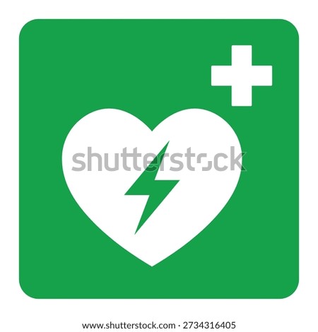 AED sticker, automated external defibrillator defibrillator sign, heart with lightning bolt and cross on green background, vector illustration