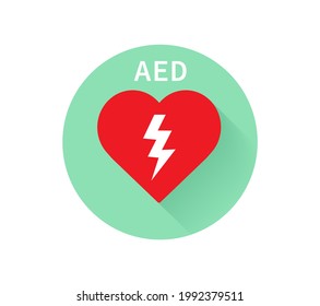 AED vector icon. Emergency defibrillator sign. Red heart electricity. Vector illustration.