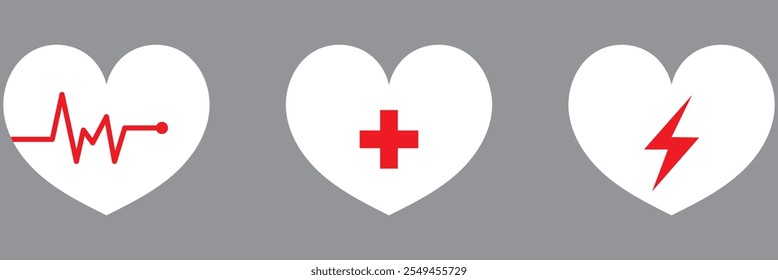 AED vector icon set. Hearts electricity illustration