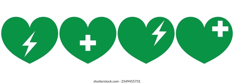 AED vector icon set. Hearts electricity illustration