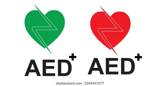 AED vector icon set. Hearts electricity. Signs automated external defibrillator. Vector illustration, 333
