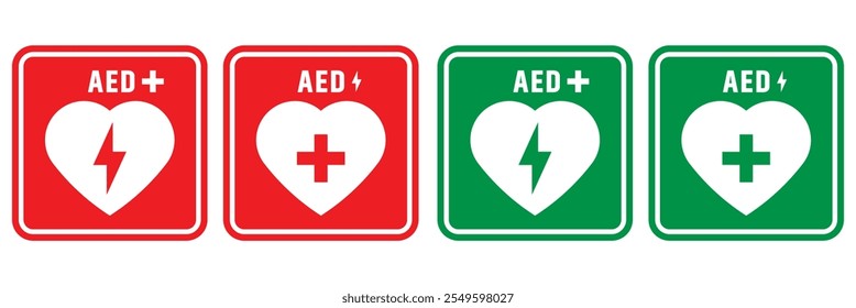 Conjunto de ícones de vetor AED. Corações de eletricidade. Sinais de desfibrilador externo automatizado.
