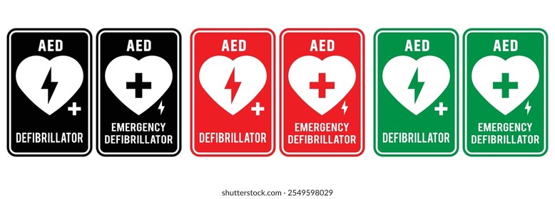 AED vector icon set. Hearts electricity. Signs automated external defibrillator.