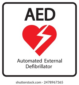 AED, desfibrilador externo automático aed signo con corazón y Vector eléctrico icono de icono plano	

