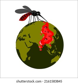 Aedes Aegypti Mosquito On Globe With Flowing Blood. Vector Illustration Of ASEAN Dengue Hemorrhagic Fever Day.