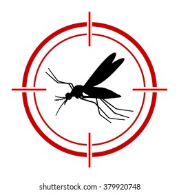 Aedes Aegypti Mücke mit rotem Ziel. Vektorillustration ädert aegypti fliegende Mücke. Vektorillustration Moskito. Aegypti-Mücke mit Ziel. Aegypti-Moskito-Silhouette.