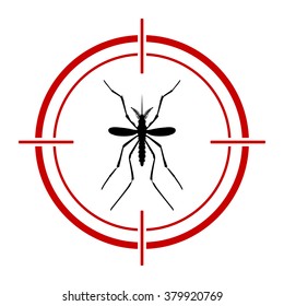 Aedes Aegypti mosquito with red target. Vector aedes aegypti flying mosquito. Vector mosquito. Aegypti mosquito with target. Aegypti mosquito silhouette.