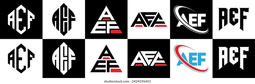 AEF-Buchstaben Logo Design in sechs Stilen. AEF Polygon, Kreis, Dreieck, Hexagon, flacher und einfacher Stil mit schwarz-weißem Farbänderungslogo in einer Zeichenfläche. AEF-minimalistisches und klassisches Logo
