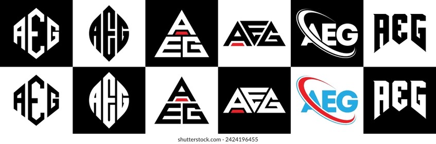AEG letter logo design in six style. AEG polygon, circle, triangle, hexagon, flat and simple style with black and white color variation letter logo set in one artboard. AEG minimalist and classic logo