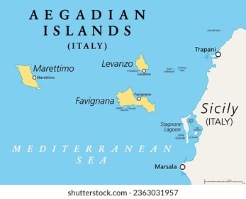 Aegadian Islands, Favignana, Levanzo, Marettimo, political map. Group of five small mountainous islands in the Mediterranean Sea off the coast of Sicily, Italy, near the cities of Trapani and Marsala.