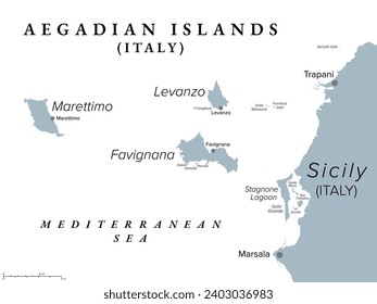 Aegadian Islands, Favignana, Levanzo, Marettimo, gray political map. Group of small mountainous islands in the Mediterranean Sea off the coast of Sicily, Italy, near the cities of Trapani and Marsala.