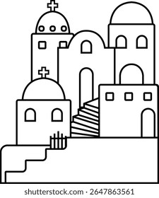 Aegean church and village clipart, minimalist flat travel icon 
