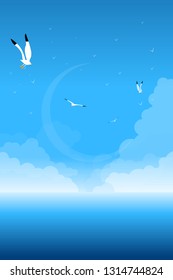 Aegean Concept Poster. Blue Sky, Seagulls, Clouds. 
