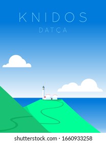 Aegean - Datca Knidos Ligthouse Poster. Flat Design Vectoral Illustration.