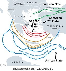 Planta marina y arco helénico, mapa tectónico gris. La Placa Egeo o también Helénica es una pequeña placa tectónica situada en el Mediterráneo oriental, bajo el sur de Grecia y el oeste de Turquía.