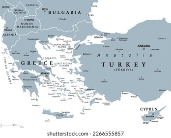 Aegean Sea region, with Aegean Islands, gray political map. An elongated embayment of the Mediterranean Sea, located between Europe and Asia, between the Balkans and Anatolia, and Greece and Turkey. svg